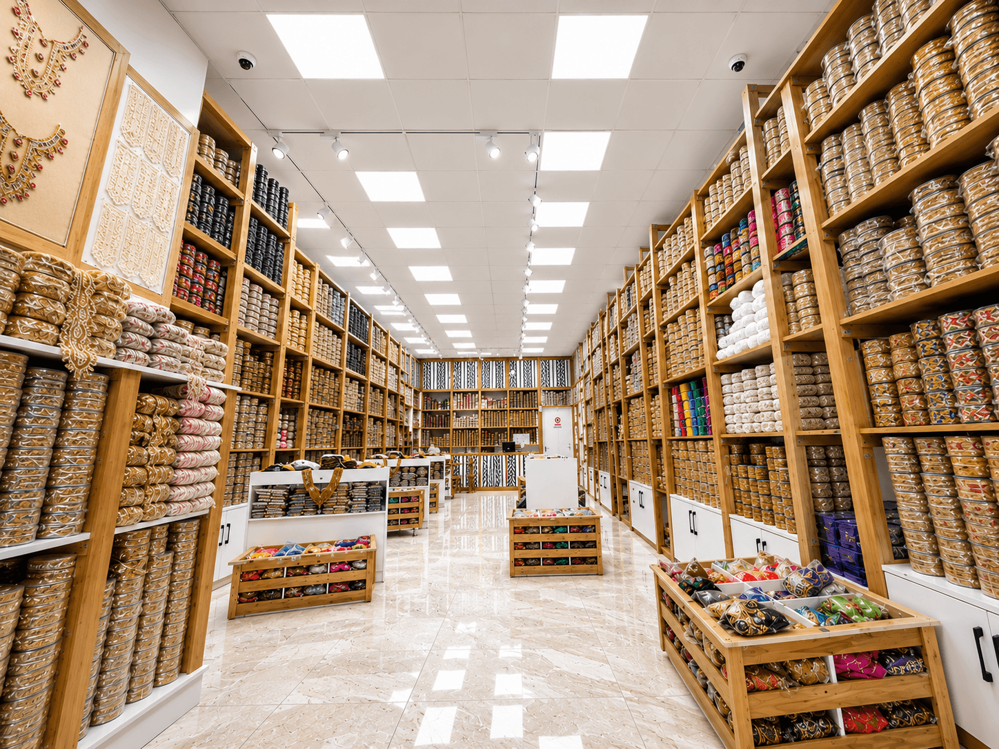 Galon et tissu au mètre — showroom textile Ksar Hellal, Tunisie